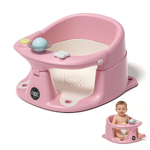 Baby Bath Seat for Babies 6 Months & up with Thermometer, Non-Slip Toddler Bath Seats for Sitting Up, Safe Infant & Newborn Bathtub Chair with 4 Suction Cups, Soft Cushion & Temperature Display, Pink
