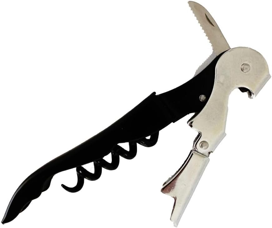 Fackelmann 2-Stroke Corkscrew, Double Hinged Corkscrew, Waiter's Corkscrew with Capsule Cutter, Stainless Steel, Dishwasher Safe, Black, 12 cm, 1 pc.