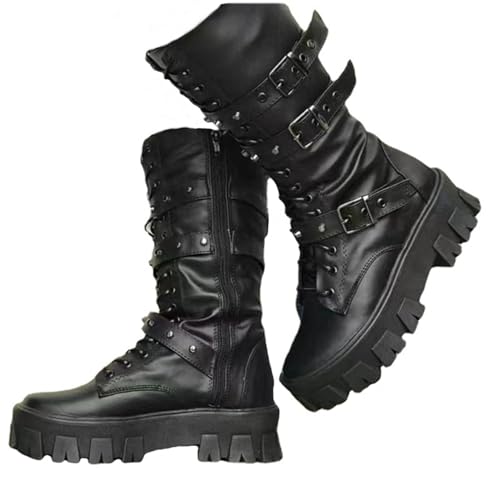 ZKXYFFS Womens Goth Ankle Booties Chunky High Heel Mid Calf Boots Side Zip Combat Boots Lace Up Punk Rivet Boots Motorcycle Platform Boots for Women, Black, 11