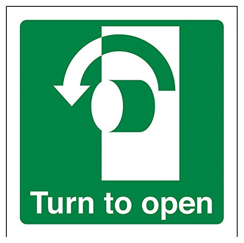 V Safety 22017AF-R Turn To Open (Anti-Clockwise) Sign - Square - 100mm x 100mm - 1mm Rigid Plastic, Green
