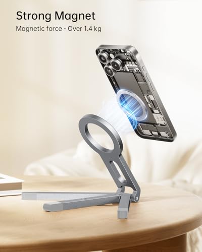 Image of iWALK Magnetic Foldable Metal Phone Stand for iPhone, Strong Magnet Mini Cell Phone Tripod Stand for Vlog, Gym, Travel Essentials Compatible with iPhone 17, 16, 15, 14, 13, 12 Series, Silver