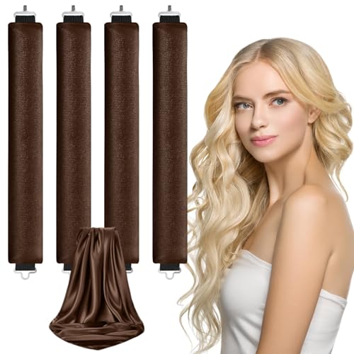 LOPHE 4 Stück Hitzefreie Lockenwickler, Overnight Blowout Locken Ohne Hitze, Hitzefreier Lockenstab für alle Haartypen,Mit Eisendraht DIY Heatless Curls Band Frisurenset Für Langes (Kaffeefarbe)