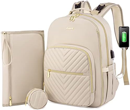 LOVEVOOK Diaper Bag Backpack, Quilted Baby Bag with Changing Pad & Pacifier Holder, Waterproof Travel Diaper Bags with USB Charging Port for Baby Boys Girls, Stylish and Large Capacity,Antique White