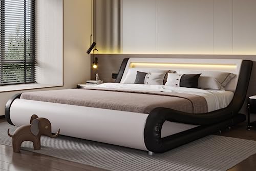 Image of SHA CERLIN King Bed Frame with Upholstered LED Headboard, Black and White