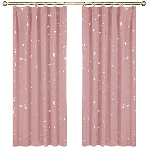 Deconovo 遮光カーテン 幅100cm丈110cm 2枚組 ピンク シルバー箔プリント 点柄 ドレープカーテン 断熱 遮熱 節電対策 昼夜目隠し