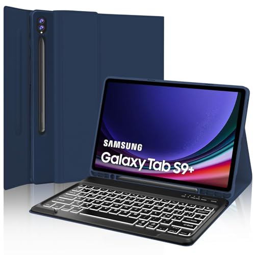 Tastiera retroilluminata a 7 colori Samsung Tab S9 plus: questa tastiera per samsung tab S9 plus ha 7 colori di backlit commutabili incorporati e 3 luminosità regolabili. È possibile passare rapidamente in base al colore e alla luminosità preferiti. La tastiera è fissata magneticamente alla custodia in pelle, quindi puoi rimuoverla facilmente quando non ti serve.