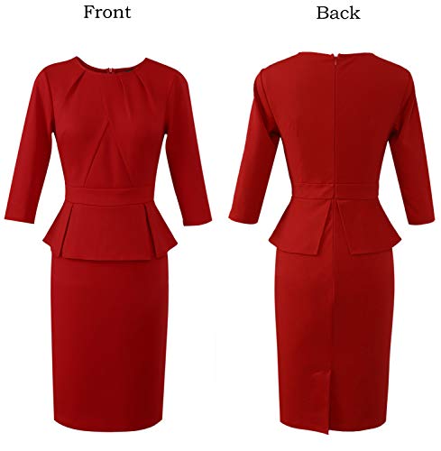 Image of VFSHOW Womens Pleated Crew Neck Peplum Slim Work Business Dress Elegant 3 /4 Sleeves Office Church Bodycon Pencil Sheath Dress