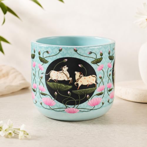 Image of Kamdhenu Terracotta Planter for Indoor Plants, Decorative Plant Pot with Lotus & Cow Artwork, Indian Traditional Home Decor, Flower Pot for Living Room, Balcony & Gifting