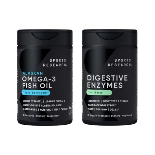 Sports Research Triple Strength Omega 3 Fish Oil 1250mg, 30 Softgels + Digestive Enzymes with Probiotics & Ginger, 90 Veggie Capsules