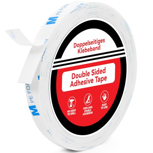 Double Sided Tape Heavy Duty, 10mm × 3m Double Sided Mounting Tape, 1600T PE - Extra Strong Sticky Foam Tape, Waterproof Mounting Adhesive Tape for LED Strip Lights, Home, Office & School Décor