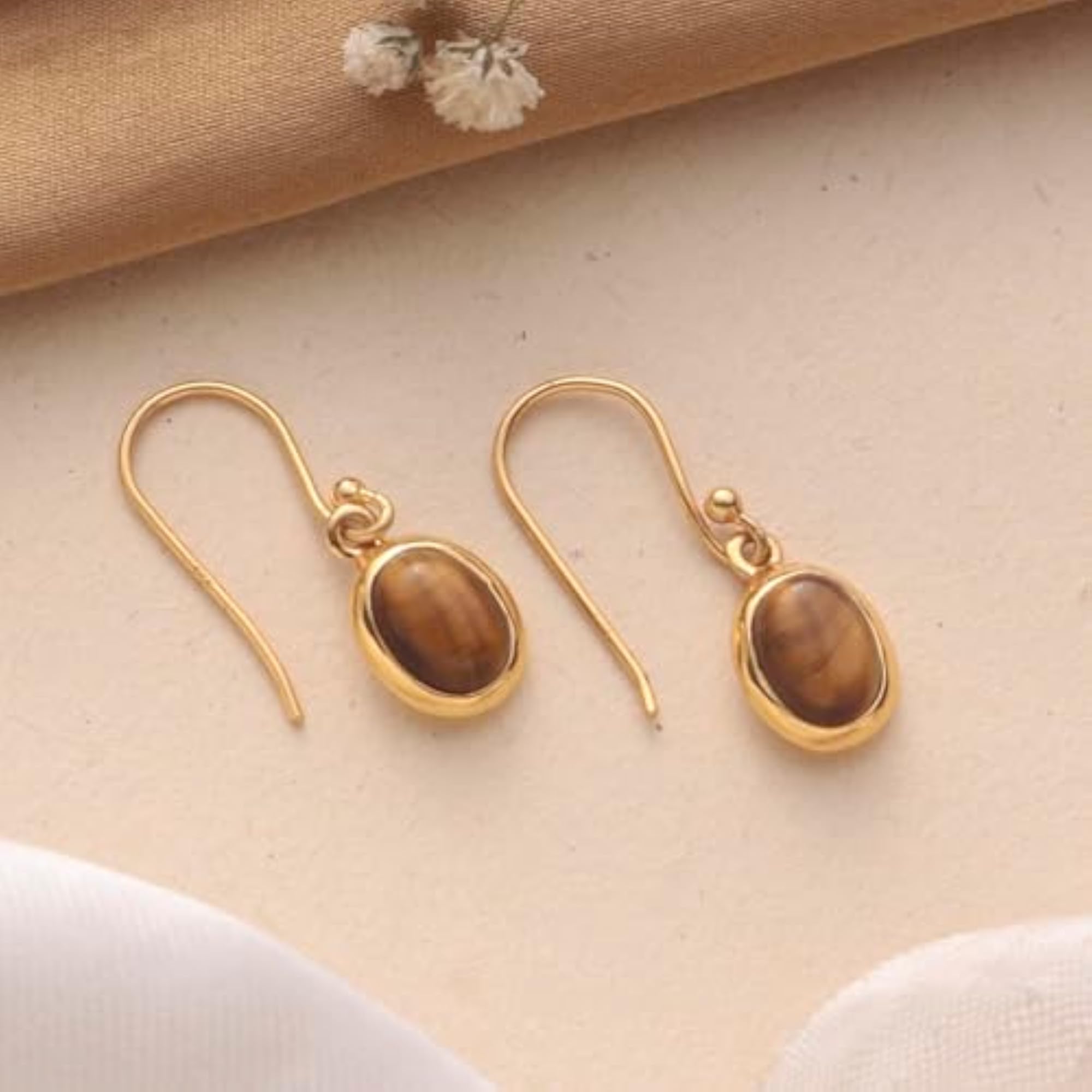 Women's 925 Sterling Silver Tiger Eye Oval Earrings, Modern Style