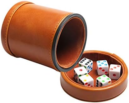PU Leather Dice Cup with Lid/ Cap, Felt-Lined Dice Shaker Includes 6 Six-Sided Dice for Liars Dice/ Farkle/ Yahtzee/ Board Games