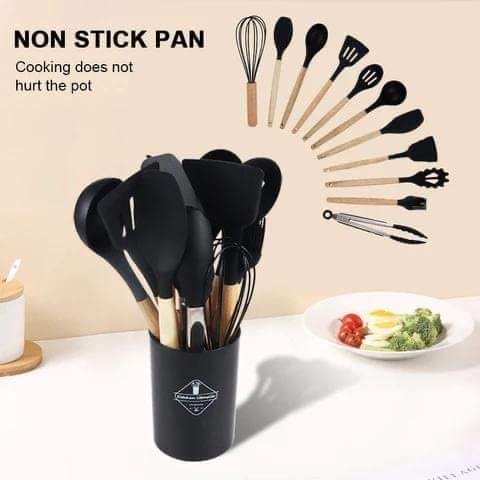 Miniatura 4 de Juego de utensilios de cocina de silicona, 12 piezas de utensilios de cocina de silicona, asas de madera, juegos de espátulas de cocina con soporte,