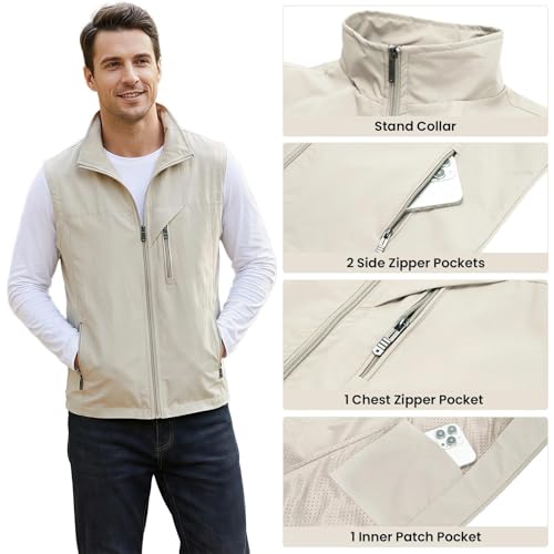 Image of Mens Vests Outerwear Windproof Lightweight Softshell Sleeveless Jacket | Breathable Zip Up Multi-Pockets Quick Dry Sports Vest for Golf Hiking Fishing Running