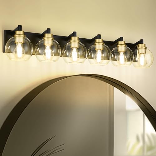 Image of 6-Light Black and Gold Bathroom Vanity Light Over Mirror, VL195-KG-6 | 38 Inch Modern Wall Sconces, Globe Clear Glass Shade, Bathroom Light Fixtures