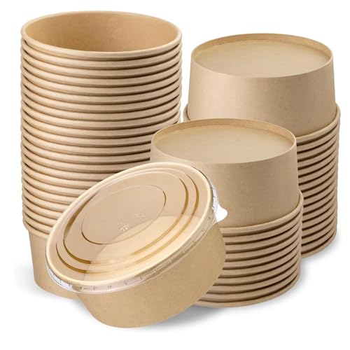 CaterCo Disposable Kraft Salad Containers with Lids (1000ml - 100 Sets) Food Bowls for Hot/Cold Use for Takeaway, Round Leakproof Kraft Paper Container, Microwavable, Eco-Friendly (1000ml - 100 Sets)