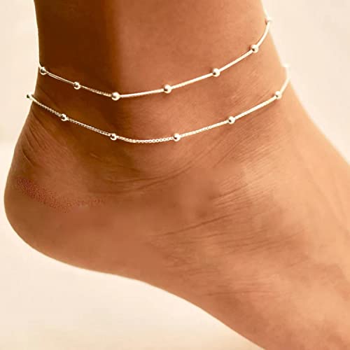 Pencros Dainty Silver Satellite Anklet,Sterling Silver Cute Beads Layer Satellite Chain Boho Adjustable Anklets For Women Teen Girls #TOP3
