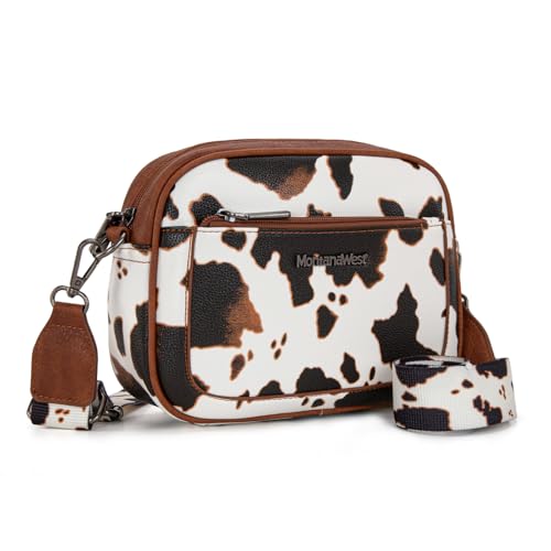 Montana West Small Crossbody Bags for Women Cow Print Purse Triple Zip Shoulder Handbags with Wide Strap MWC-3683COW-BR
