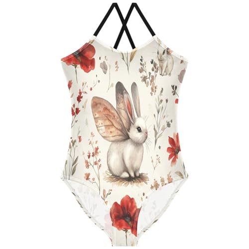 Pigsaly Girls One Piece Swimsuits Watercolor Red Flower Butterfly White Rabbit Kids Cross Back Swimwear Bathing Suit 3T