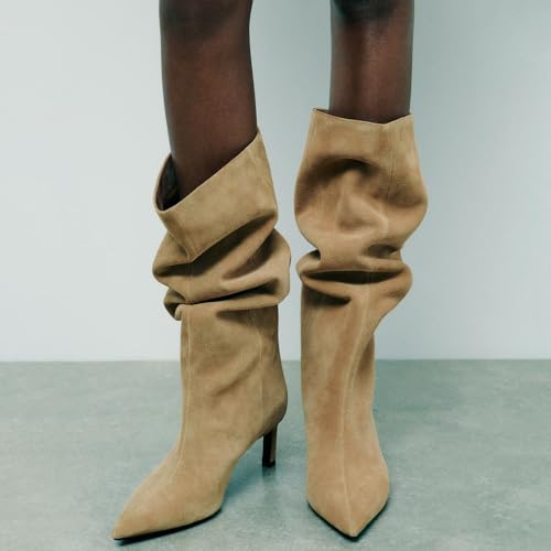 YIYA Women's Camel Suede Wide Calf Knee High Boots for Fall Pointed Toe Stiletto Kitten High Heels Stylish Party Dress Long Pull On Boots 7