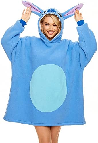 Stitch & Angel Wearable Blanket Sweatshirt Sherpa Stitch Oversized Hoodie TV Blanket with Sleeves and Pockets for Adults Men Women Teens One Size Fits All