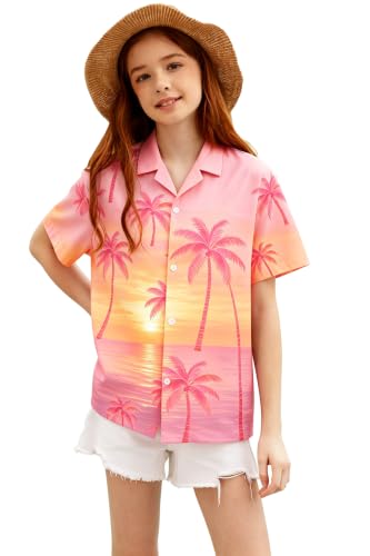 Image of Betusline Girls' and Womens' Hawaiian Shirt Blouse Button Down Beach Shirts | Casual breathable and comfortable Short Sleeve V-Neck Floral Tropical Blouse