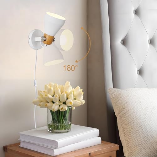 Image of Modern Plug-in Wall Sconces, Matte White | Adjustable Reading Light, Natural Wood Accent, For Bedroom, Living Room, Home Office