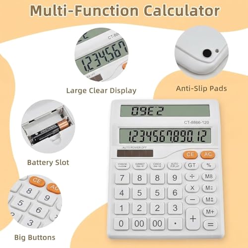 Image of 12 Digit Dual Screen Desktop Calculator with Big Buttons, GT & Memory Functions, Auto Power Off, Electronic Tabletop Office Use for Home, Shop & Business, White