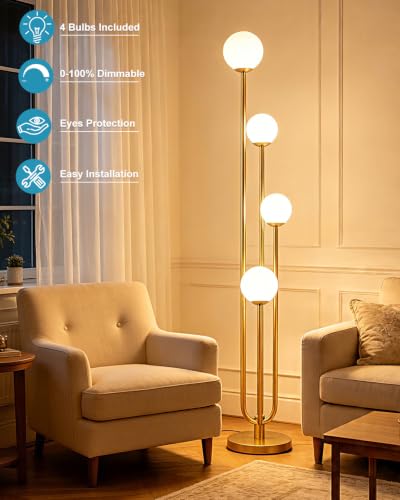 Image of Lightdot Gold Globe Floor Lamp 4-Lights Dimmable Floor Lamps 3000K Bulbs Included Unique Modern Standing Tall Lamp with 5Lbs Heavy Base for Living Room /Bedroom /Sofa Beside /Corner Decor