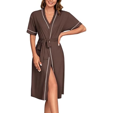 POKWAI Women's Knee Length Robes Lightweight Kimono Robe Soft Spa Knit Bathrobe Sleepwear for Ladies(Brown,Small) Cover