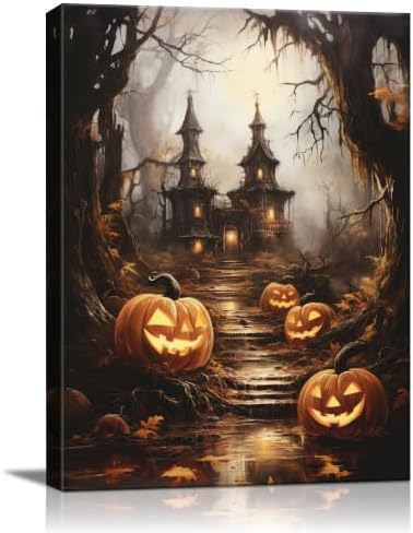 Halloween Wall Art, Gothic Haunted House and Pumpkin Halloween Pi...