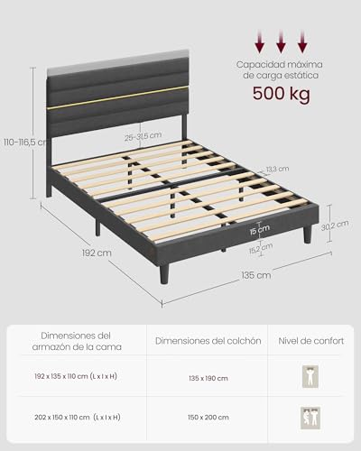 Miniatura 2 de Vasagle Marco De Cama Matrimonial, Marco Para Colchón De 135 X 190 Cm, Cabecero Acolchado Ajustable, Metal Y Madera, Estilo Moderno, Gris Pizarra Rmb506gn01