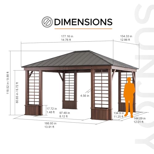 SUNJOY 13 x 15 ft. Hardtop Gazebo Outdoor Aluminum Framed Black Steel Roof Gazebo Backyard with Planters and Ceiling Hook - Image 8