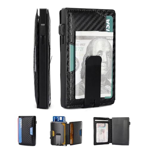Men's Wallet - Pop Up Case, Cash Slot, with 12 Capacity Credit Card Wallet - Slim Minimalist Aluminum Front Pocket Wallet with RFID Blocking/ID Window (Carbon Fiber)
