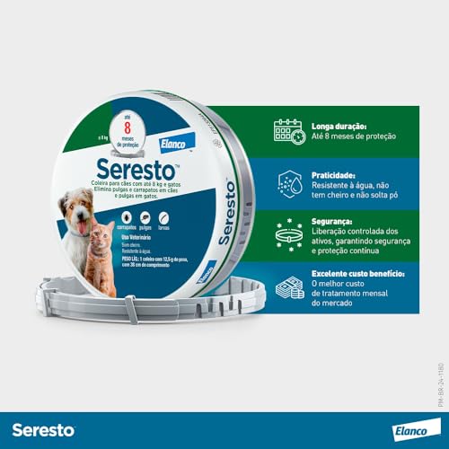 Coleira Seresto® anti-carrapatos e pulgas para cães e gatos de até 8kg