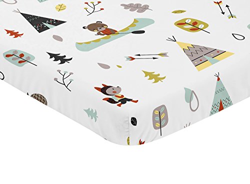 Image of Sweet Jojo Designs Stone and Aqua Woodland Animals Baby Boy Fitted Mini Portable Crib Sheet for Outdoor Adventure Collection - for Mini Crib or Pack and Play ONLY
