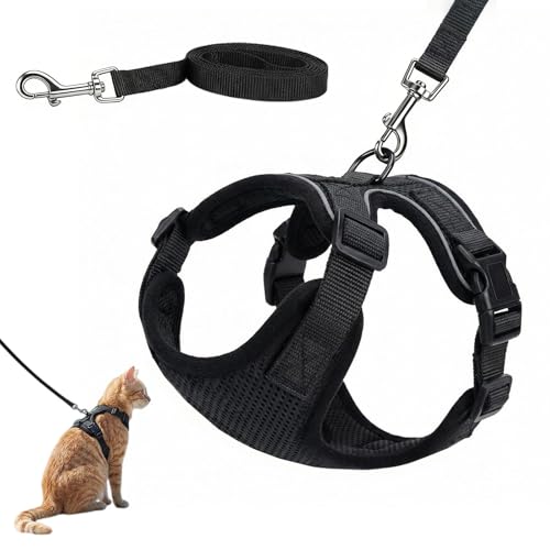 Laxifluent Cat Leash, for Walking, Puppy Escape Prevention Soft Adjustable Vest, Easy to Control, Breathable Reflective Strips, Black, XS Size