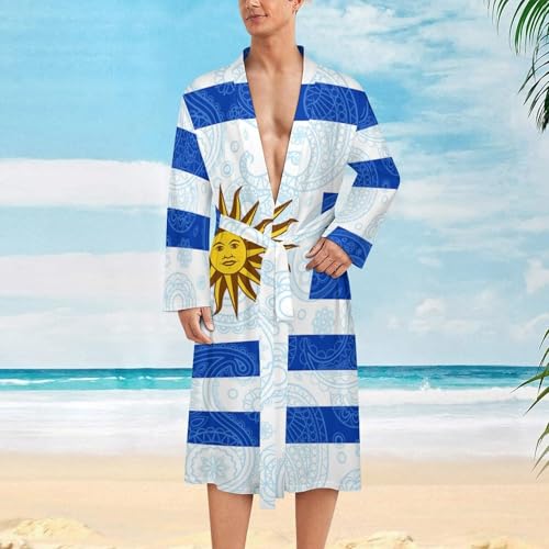 Uruguay Flag Paisley Pattern Funny Men's Robe Novelty Soft Lightweight Bathrobe Long-sleeve Spa Robes2