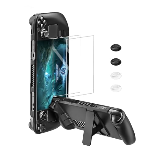 Image of bibuks Steam Deck /OLED Protective Case,Non-Slip Skin Protective Shell Accessories,Steam Deck Case with Kickstand ,2 Screen Protector, 4 Thumb Grip (Black)