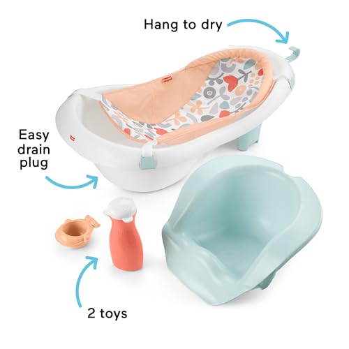 Image of Fisher-Price Baby to Toddler Bath 4-in-1 Sling 'N Seat Tub with Removable Infant Support and 2 Toys, Summer Blossoms