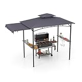 GOPLUS Grillpavillon, Grill Pavillon mit Seitenmarkise, Doppeldach, 2 Ablagen, 6 Haken & Flaschenöffner, Grillunterstand wetterfest, BBQ Pavillon für Outdoor Garten Hof, 326x153x250 cm (Dunkel Grau)