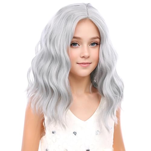 Image of PATTNIUM Kids Silver Wig Short Wavy Silver White Wig for Child Cosplay Halloween Party Costume Heat Resistant Synthetict Wigs