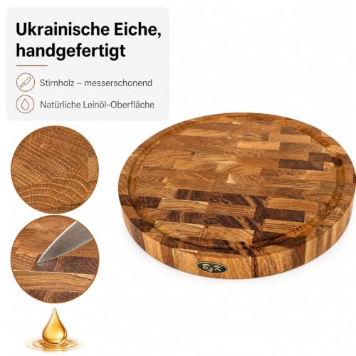 B4K® 35х35х4cm Küchenbrett aus Eiche Stirnholz | Antibakterielles Hirnholzbrett mit Griffen, Silikonfüßen und Saftrille… – Ansicht 6