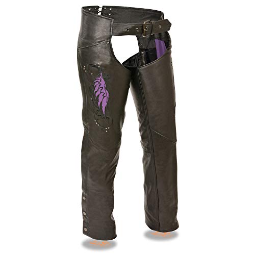 Womens Leather Chaps Wing Embroidery/Rivet Details