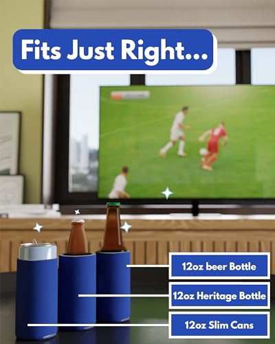 Image of PartyPrints 100 Pack Royal Blue Blank Slim Can Cooler Sleeves | Plain Seltzer Customizable Bulk Coolers for Beer Bottles & 12oz Tall Cans | Skinny Collapsible Drink Insulated Sleeve