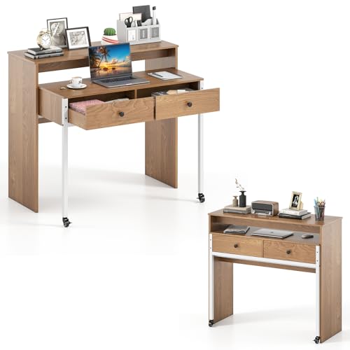 Giantex Small Computer Desk with Hutch & Drawers, Extendable Writing Desk w/Pull Out Secondary Table, Monitor Stand & Rolling Wheels, Console Table, Compact Desk for Small Spaces (Natural)