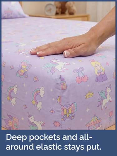 Image of Kids Full Size Princess Dreamland Bed Sheets - 4 Piece Kids Sheet Set | Princess Dreamland Themed Bedding, Ultra-Soft, Cute & Cozy, Breathable & Machine Washable, Bed Set for Boys, Girls & Teens
