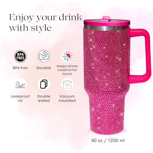 Image of 40 Oz Rhinestone Tumbler with Handle and Flip Straw | Insulated Stainless Steel Double Layer Bling Tumbler | Leak Proof Glitter Tumbler for Women | Reusable 1200ml Travel Bling Cups Fuschia