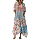 Vestidos Boho Mujer Verano de Fiesta Elegantes Largo Lino Algodón Cuello V Manga 3/4 Estilo Vintage Étnico Vestido Playeros Sueltos Casual Talla Grande Dress Ropa Playa Dresses con Bolsillos