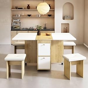 Juego de Comedor Mesa y 4 Sillas, Mesa de Comedor Plegable con Sillas, 120x80x75 cm Juego de Mesa de Comedor Rectangular Extensible con 4 Sillas Cocina, con Función de Almacenamiento (Blanco)